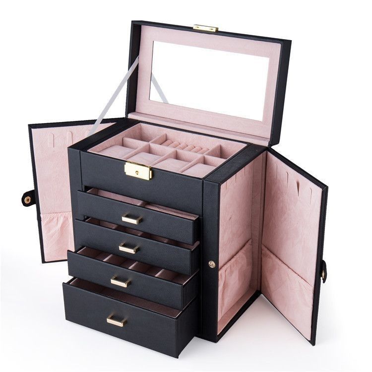 Set de jóias de couro rosa preto de luxo quadrado/anel/bico/colarinho/bracelete/caixa de exibição de guarda de relógios
