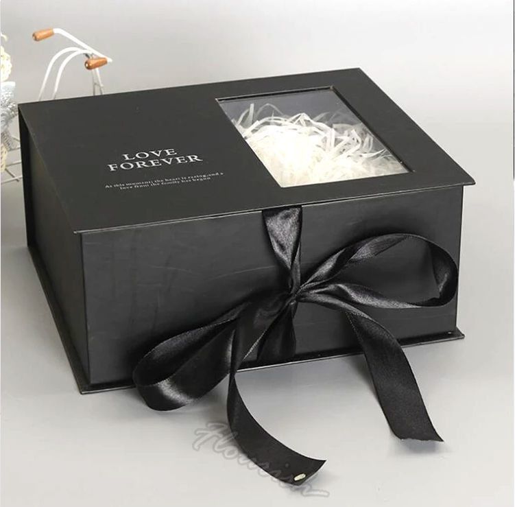 Embalagem de caixa de presente de flores de cores personalizadas com janela clara e fita ecológica