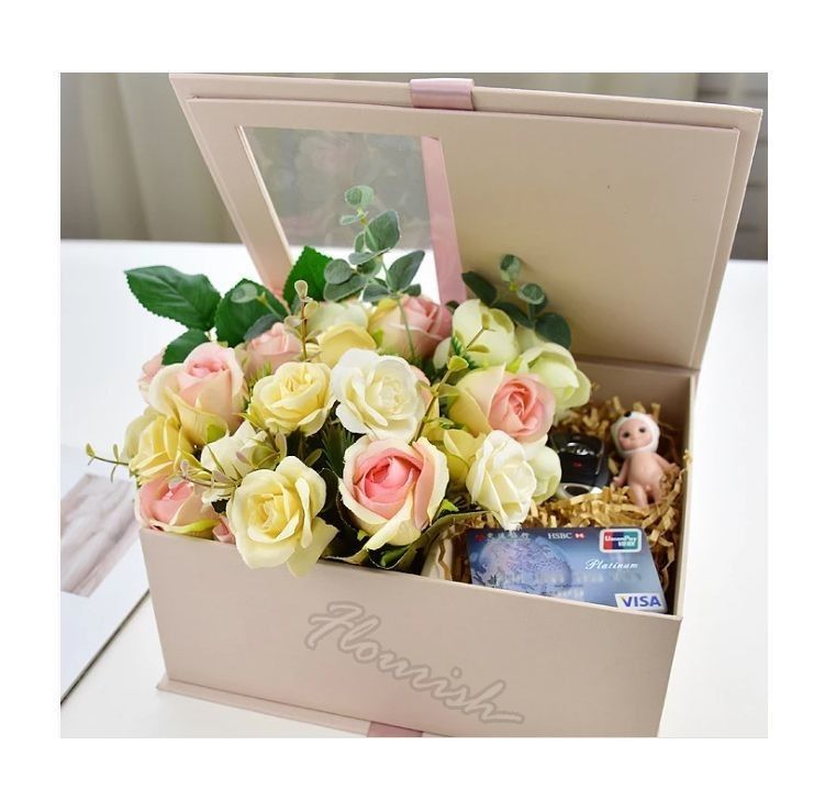 Embalagem de caixa de presente de flores de cores personalizadas com janela clara e fita ecológica