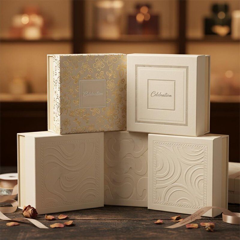 Embalagens de caixas de presente personalizadas com forro de papel cartão e acabamento especial de hot stamping e verniz localizado para apelo visual aprimorado